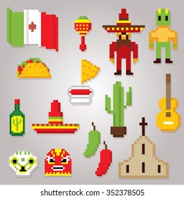 Mexico culture symbols icons set. Pixel art. Old school computer graphic style.