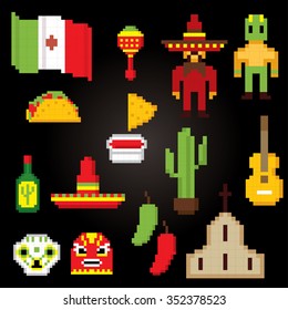 Mexico culture symbols icons set. Pixel art. Old school computer graphic style.