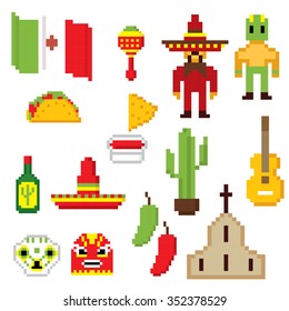 Mexico culture symbols icons set. Pixel art. Old school computer graphic style.