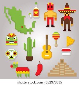 Mexico culture symbols icons set. Pixel art. Old school computer graphic style.