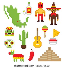 Mexico culture symbols icons set. Pixel art. Old school computer graphic style.