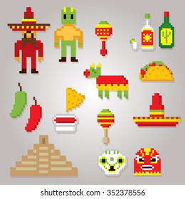 Mexico culture symbols icons set. Pixel art. Old school computer graphic style.