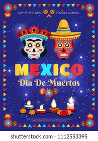 Mexico culture traditions colorful poster with dead day celebration symbols masks candles accessories blue background vector illustration 