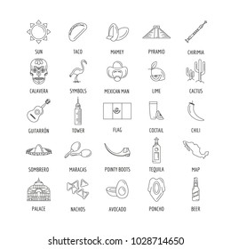 Mexico culture and traditions outline icons set. Mexico objects vector illustration isolated on white background. Elements of Mexico architecture and religion.