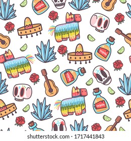 Mexico cute elements vector cartoon seamless pattern on a white background for wallpaper, wrapping, packing, and backdrop.