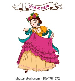 Mexico Dancer at the Cinco De Mayo festival. Mexican and Latin music folk celebration. Vector Illustration.