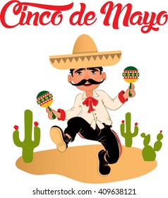 Mexico Dancer at the Cinco De Mayo festival. Mexican and Latin music folk celebration. Vector Illustration. Cactus.