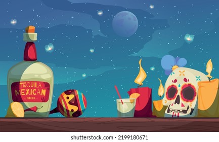 Mexico day of dead background with food and drink symbols flat vector illustration