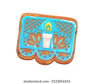 Mexiko Tag der Toten Keks Papel Picado Keks. Mexiko Tag der Toten Feiertag gruseligen Gebäck Dessert mit Kerze. Hispanic Dia de Los Muertos Karneval oder mexikanische Kultur traditionelle Lebkuchen Cookie