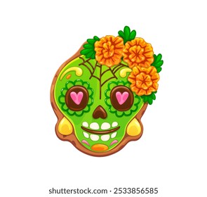 Mexico Day of Dead celebration green skull cookie. Mexican culture holiday spooky vector cookie, Day of the Dead festival or Mexico Dia de Los Muertos pastry with skull, spider web and marigold