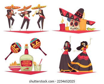 Mexico day of dead compositions set with national festival symbols flat isolated vector illustration