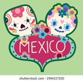 mexico day of the dead culture sugar skulls flowers label design vector illustration