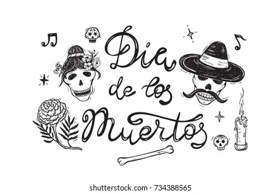 Mexico. Day of the Dead. Dia de los Muertos. Mexican Holiday Symbols: Mexican Skulls, Sugar Skulls, Candle, Marigold Flowers, Bone and Calligraphic Lettering