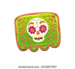 Mexiko Tag der Toten Papel Picado Totenkopf Keks. Mexiko Dia de Los Muertos feiert gruseliges Lebkuchengebäck oder gefrorenes Dessert, hispanischen Kultur Karneval oder mexikanischen Tag der Toten Festival Cookie