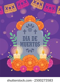 Mexico day of the dead poster, grave decorated with candles and cempasuchil flowers as an offering on a purple background and papel picado