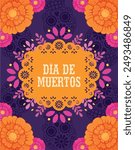 Mexico day of the dead poster, orange papel picado decorated with marigold flowers on a purple background with skulls