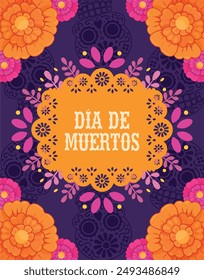 Mexico day of the dead poster, orange papel picado decorated with marigold flowers on a purple background with skulls