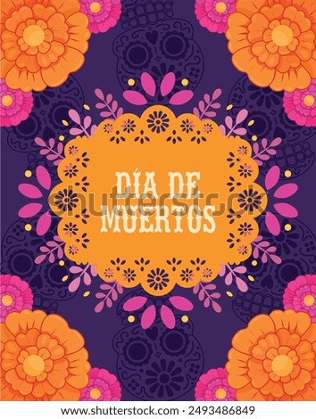 Mexico day of the dead poster, orange papel picado decorated with marigold flowers on a purple background with skulls