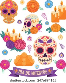 Mexico day of the dead resources such as skulls, cempasuchil flower, candles and pan de muerto