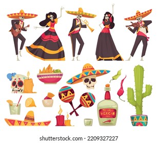 Mexico day of dead set with festival symbols flat isolated vector illustration