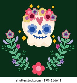 Mexico Day Of The Dead Skull And Flowers Decoration Culture Traditional Vector Illustration