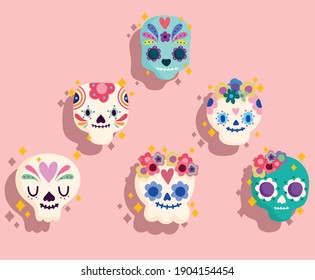 mexico day of the dead sugar skulls decoration culture traditional vector illustration