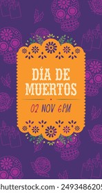 Día de México de la Plantilla muerta. Tarjeta, invitación en papel picado naranja sobre fondo morado con calaveritas y calaveritas