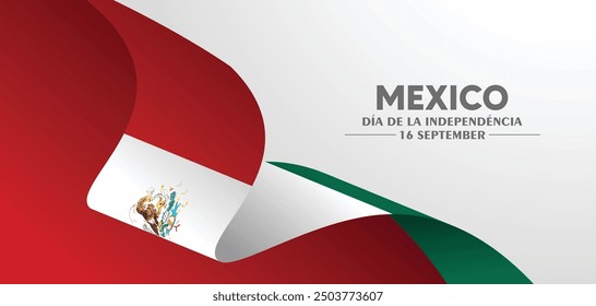 Mexico Día de la Independéncia text meaning Independence Day 16 September flag ribbon vector poster