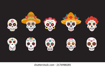 Mexico Dead Day. Catrina death skull. Halloween Calavera flower hat. Dia Muertos party. Mexican or Latin holiday symbols set. Heads with sombrero or wreath. Vector background design