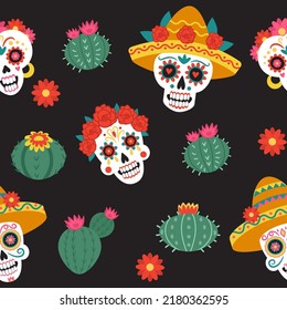 Mexico dead day pattern. Death skull and cactus, mexican pinata, chili or america fiesta hat and mask, south inca. Heads with sombrero. Decor textile, wrapping paper. Vector seamless texture