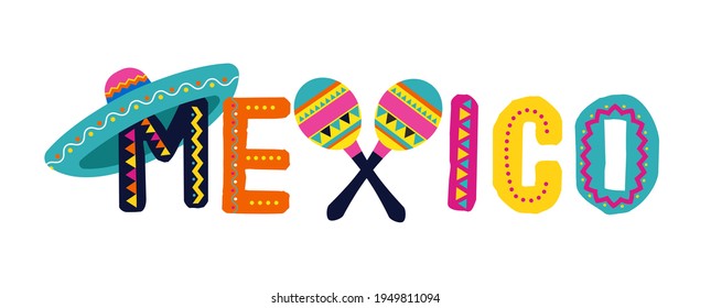 Mexico, decorated logo, lettering. Fiesta banner and poster design with flags, flowers, decorations