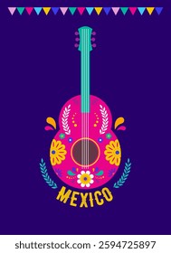 Mexico, decorated logo, lettering. Fiesta banner and poster design with flags, flowers, decorations. Vector illustration