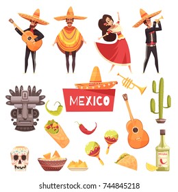 Mexiko-dekorative Symbole Satz von Cactus maracas tequila mexicanische Musiker mit Gitarren in poncho und sombrero flache Vektorgrafik