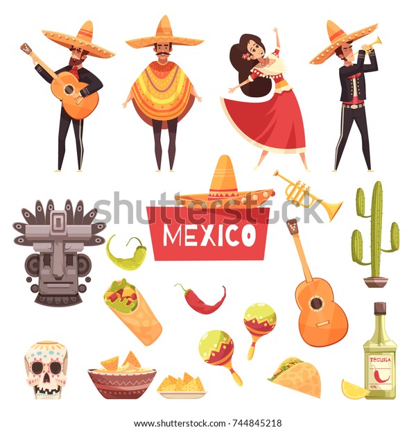 Mexico Decorative Icons Set Cactus Maracas Stock Vector (Royalty Free ...