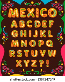 Mexico decorative yellow font. Vector illustration set