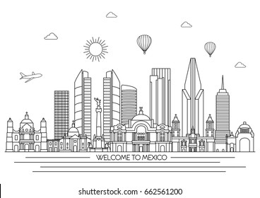 Mexico detailed Skyline. Travel and tourism background. Vector background. line illustration. Line art style