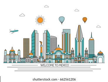 Mexico detailed Skyline. Travel and tourism background. Vector background. line illustration. Line art style