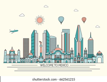 Mexico Detailed Skyline. Travel And Tourism Background. Vector Background. Line Illustration. Line Art Style