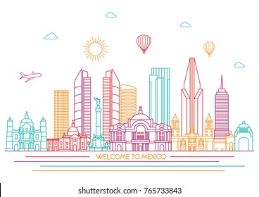 Mexico detailed Skyline. Travel and tourism background. Vector background. line illustration. Line art style