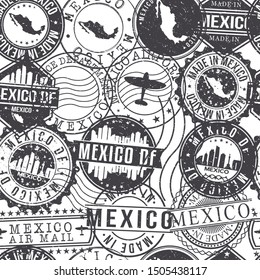 Mexico DF Stamps. City Stamp Vector Art. Postal Passport Travel. Design Set Pattern.