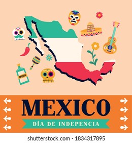 Mexico dia de la independencia with map design, Culture theme Vector illustration