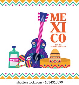 Mexico dia de la independencia with tequila maracas guitar and hat design, Culture theme Vector illustration