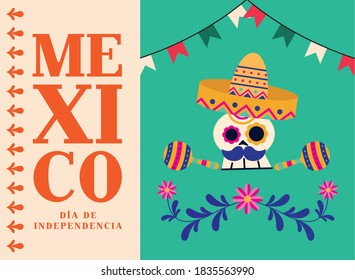 Mexico dia de la independencia skull with hat and maracas design, Culture theme Vector illustration