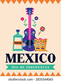 Mexico dia de la independencia with tequila guitar and boots design, Culture theme Vector illustration