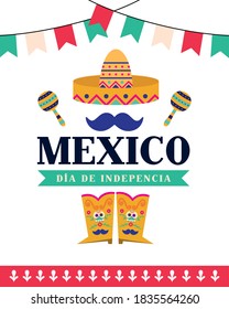 Mexico dia de la independencia hat mustache and boots design, Culture theme Vector illustration