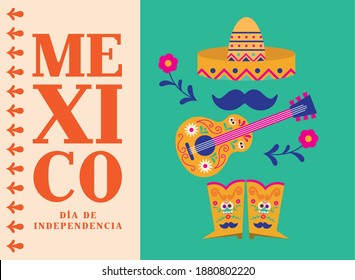 Mexico dia de la independencia hat guitar and boots design, Culture theme Vector illustration