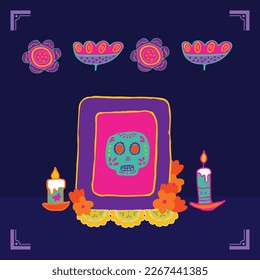 Mexico Dia de Los Muertos Altar with sugar skull and candles. Square frame. Skull, flowers, garlands, flags. Mexican National Holiday Day of the dead. Congratively postcard, banner. Vector illustratio