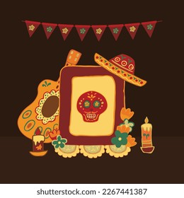 Mexico Dia de Los Muertos Altar with sugar skull and candles. Square frame. Skull, flowers, garlands, flags. Mexican National Holiday Day of the dead. Congratively postcard, banner. Vector illustratio