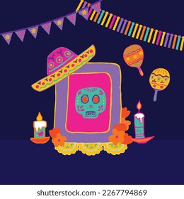 Mexico Dia de Los Muertos Altar with sugar skull and candles. Square frame. Skull, flowers, garlands, flags. Mexican National Holiday Day of the dead. Congratively postcard, banner. Vector illustratio