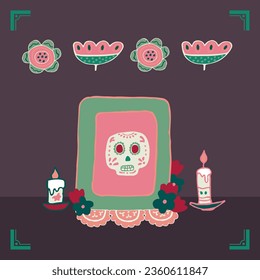 Mexico Dia de Los Muertos Altar with sugar skull and candles. Square frame. Skull, flowers, garlands, flags. Mexican National Holiday Day of the dead. Congratively postcard, banner. Vector